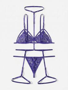 SHEIN Set Pakaian Dalam Wanita dengan Desain Potongan Renda - Purple - View 2