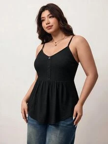 Enliva Plus Size Women's Black Textured Fabric Casual Everyday Camisole Apple,Rounded Body - Black - View 4