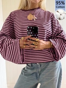 SHEIN EZwear Women's Striped Round Neck Long Sleeve Casual Loose Fit T-Shirt - Multicolor - View 1