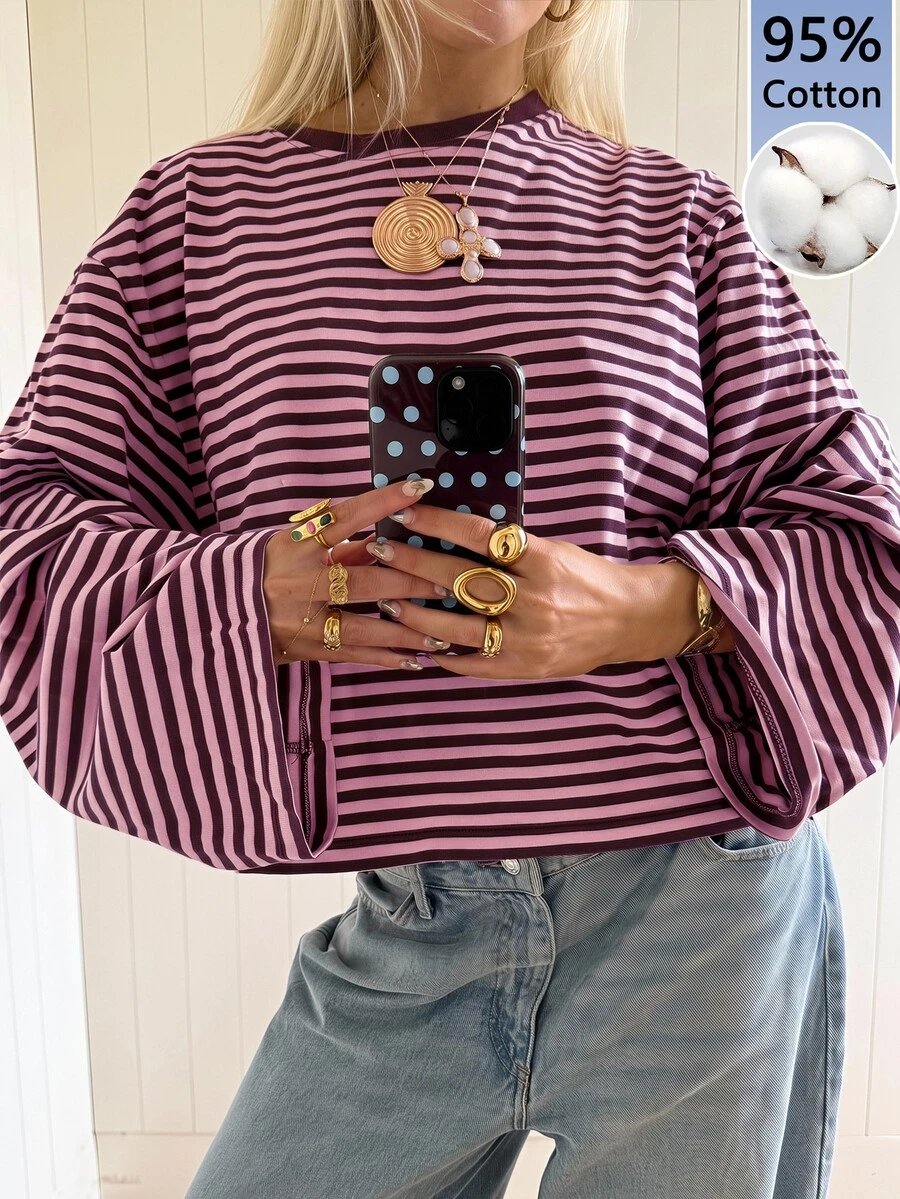 SHEIN EZwear Women's Striped Round Neck Long Sleeve Casual Loose Fit T-Shirt - Multicolor - View 1