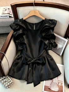 GlowEve CURVE Plus Size Elegant Ruffle Trim Blouse - Black - View 3