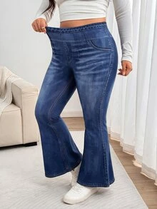 Enliva Plus-Size Printed Stretch Flared Trousers, High-Waisted Slim-Fit Casual Pants Apple,Rounded Body - Blue - View 6
