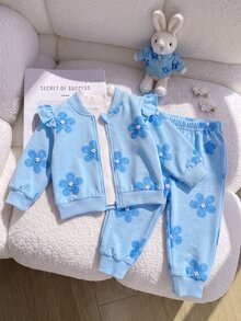 SHEIN 2件組幼童女童夾克褲套裝，可愛甜美藍白花卉荷葉邊珍珠裝飾，飛袖立領，適合生日派對、秋季假期，羅紋設計 - 藍色 - 查看 1