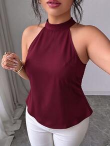 Elenzga Plus Size Women's Solid Color Back Contrast Lace Elegant Halter Neck Blouse - Burgundy - View 4