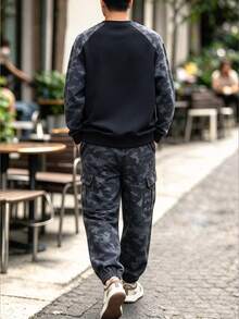 SHEIN 青少年男孩秋冬兩件套，字母迷彩印花運動衫上衣搭配多口袋迷彩慢跑束口休閒長褲，街頭嘻哈高街風 - 黑色 - 查看 6