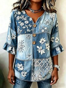 SHEIN LUNE Áo blouse cổ chữ V đính cúc tay lỡ Reverse Tide màu xanh nhạt phong cách boho vintage cho khách dự đám cưới, đi tiệc trang trọng và du lịch mùa hè - Nhiều màu - Xem 4