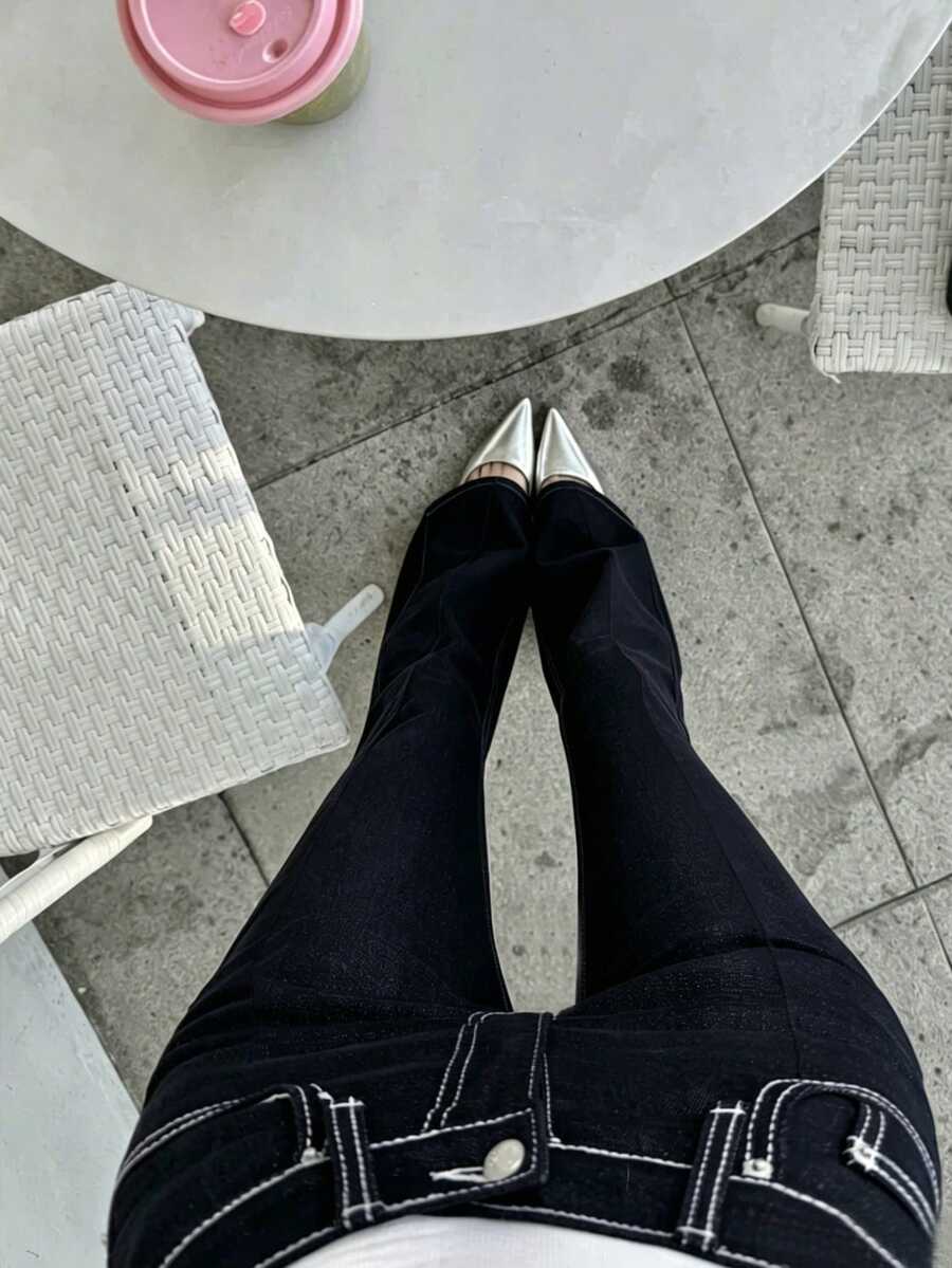 DAZY Women's Casual Versatile Flare Leg Denim Jeans With Pockets Fall - Navy Blue - View 1