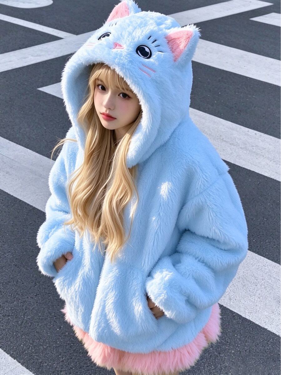 SHEIN 1件女孩甜美風休閒外套，校園休閒穿搭，秋冬款3D貓咪刺繡連帽寬鬆抓絨夾克 - 藍色 - 查看 1