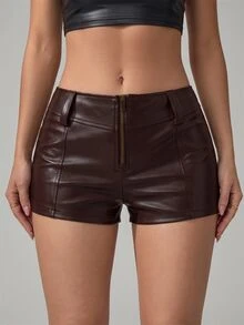 SHEIN Tall 女款純色前拉鍊PU皮革時尚短褲 - 咖啡棕 - 查看 6