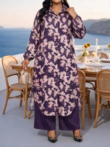 Fleurora Plus Size Floral Print Button-Up Shirt And Pants 2 Pieces Set - Purple - View 4