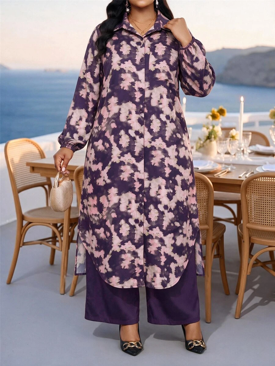 Fleurora Plus Size Floral Print Button-Up Shirt And Pants 2 Pieces Set - Purple - View 1