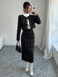 Elenzga Elegant Plaid Short Jacket And Skirt 2pcs Set, Autumn Fall Cloth For Women - Black - View 7