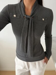 Livesso Women's Streetwear Button Tie Long Sleeve T-Shirt - Dark Grey - View 5