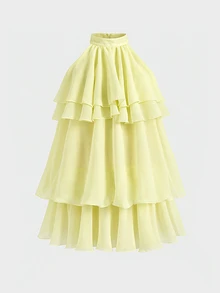 Tween Girl Solid Color Pleated Fashion Party Summer Halter Neck Dress - Yellow - View 10