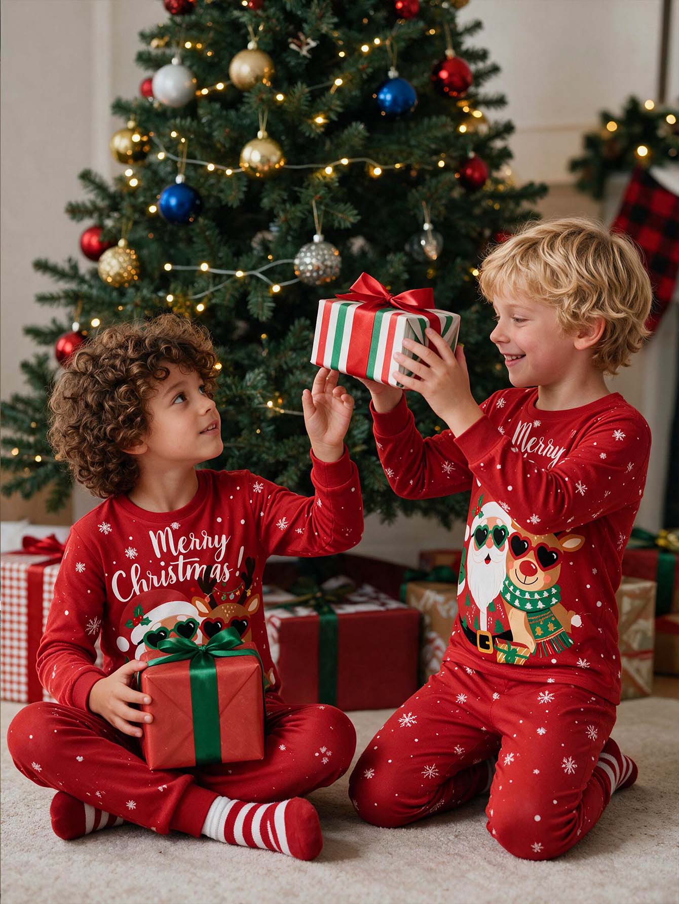 Baby Boy Classic Casual Slim Fit Long Sleeve Pants Set, Classic Cute Cartoon Santa Claus And Reindeer Print, Classic Snowflake Print, Suitable For Christmas - Multicolor - View 1