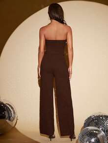 SHEIN Tall 女款無肩帶短版上衣與開衩褲腳長褲套裝，適合高個女性 - 咖啡棕 - 查看 2