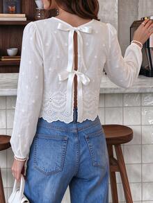 Cévolie Women's White Pure Cotton Floral Embroidered Pattern Round Neck Lantern Sleeve Short Blouse With Back Tie Design, Solid Color Minimalist Casual Versatile, Suitable For Daily Wear - White - View 7