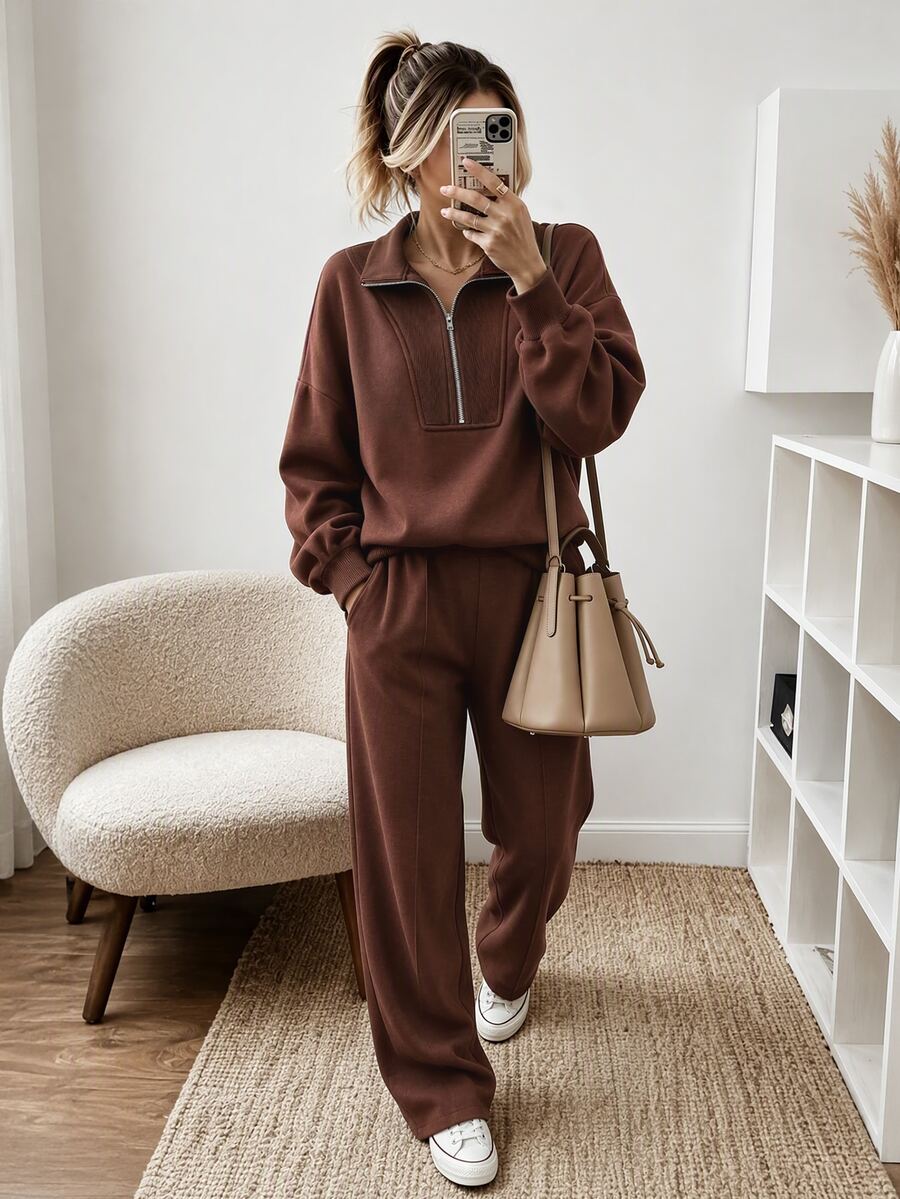 LUMIGAL Women's Coffee Brown Zip-Up Half-Placket Sweatshirt + Pocket Long Pants 2 Pieces Set - Coffee Brown - View 1