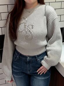 Dazy Plus Rhinestone Decor Letter Jacquard Short Korean Style Versatile Autumn/Winter Sweater - Grey - View 3
