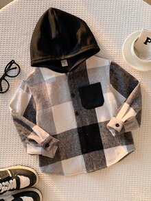 SHEIN 1件兒童小男孩秋冬款黑白格紋極簡休閒學院風連帽開襟襯衫，舒適面料，適合秋冬、返校、街頭穿搭、派對、外出 - 黑色 - 查看 6