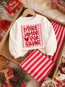 粉紅與紅色條紋，時尚復古甜美字母 MORE AMOR POR FAVOR，女孩休閒舒適軟絨內裡寬鬆長袖套頭衛衣與直筒運動褲 2 件套，適合秋冬日常穿著、時尚出遊、假期、節慶，復古高街女孩甜美慵懶隨性風 - 彩色 - 查看 2