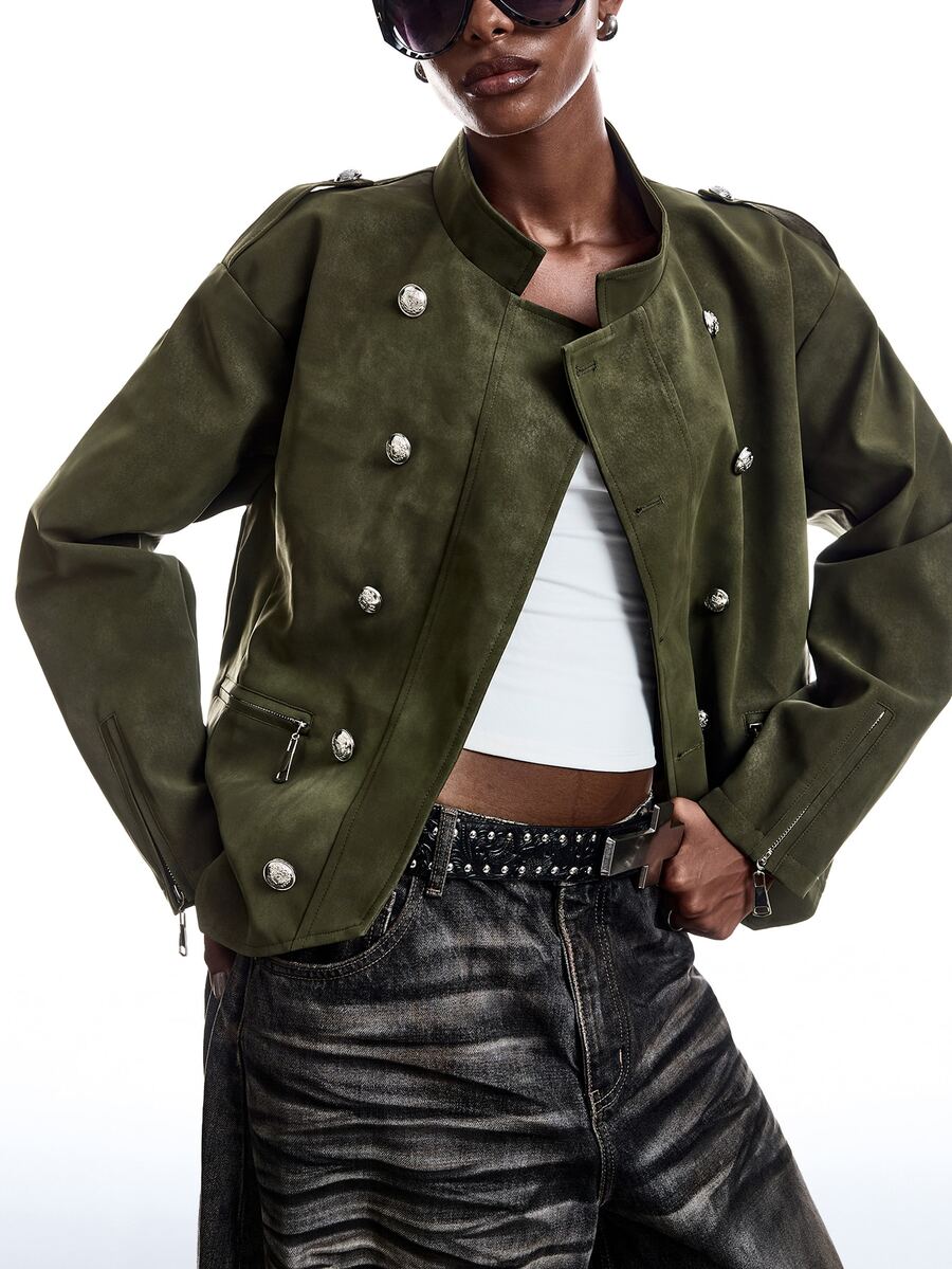 LYSMO Women's Solid Color Long Sleeve Button Design Napoleon Jacket Going Out Night Out Nightout Olive Green Fall Street - Army Green - View 1