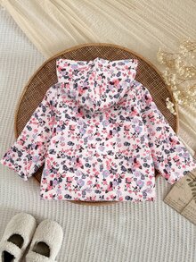 SHEIN Babygirl Cute Autumn/Winter Floral Thermal Lined Versatile Hooded Jacket - Pink - View 2