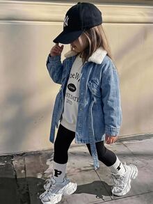 SHEIN Young Girl Warm Button Kids Long Sleeve Denim Autumn Winter Jacket - Medium Wash - View 1
