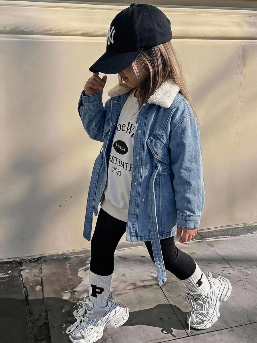 SHEIN Young Girl Warm Button Kids Long Sleeve Denim Autumn Winter Jacket - Medium Wash - View 1