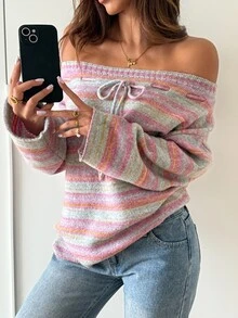 Livesso 女款冬季粉色圓領長袖麻花編織修身羅紋休閒毛衣 - 粉色 - 查看 4