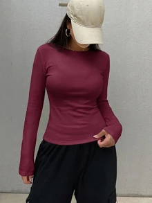 DAZY 女款純色極簡圓領長袖保暖T恤 - 酒紅色 - 查看 8