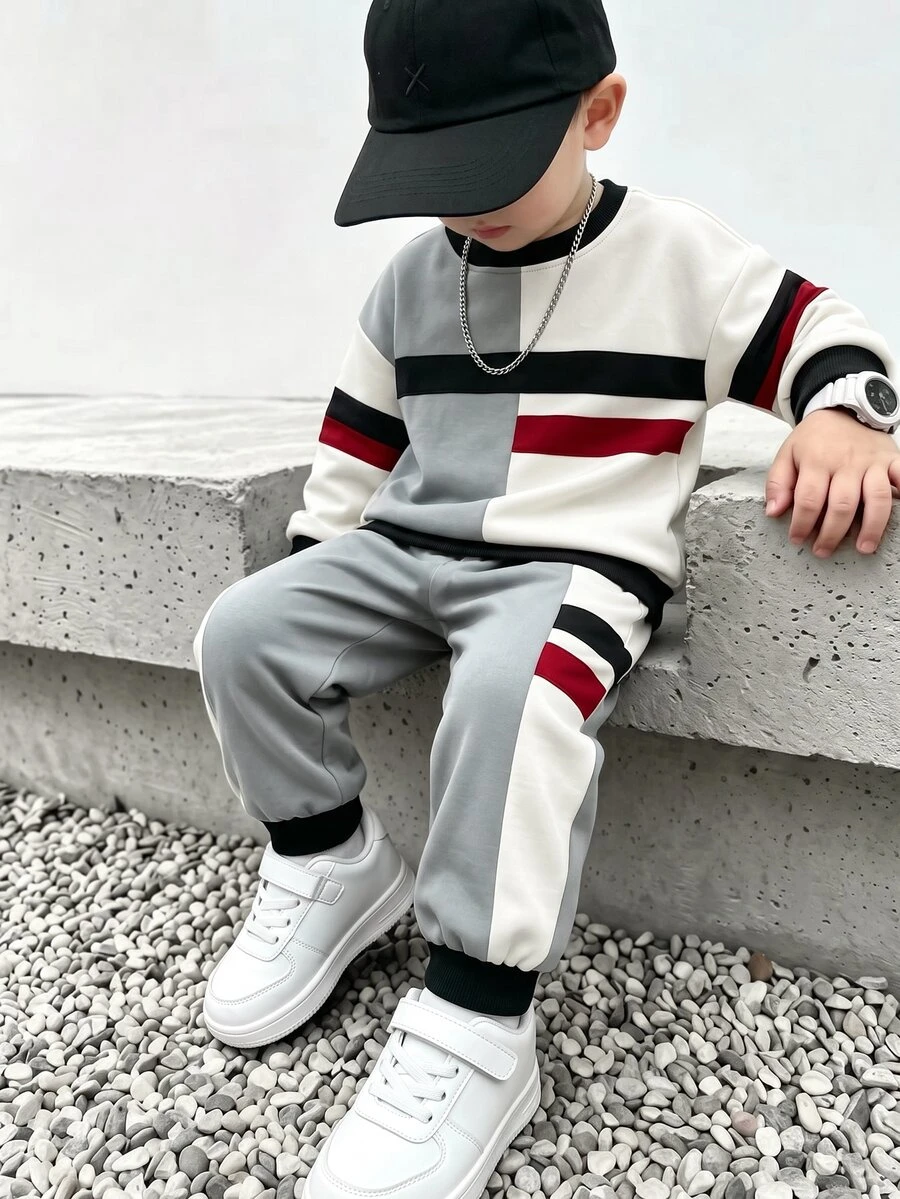 SHEIN 2件組男孩運動套裝,街頭風,酷炫三色條紋衛衣 + 長褲,柔軟舒適,極簡風,適合日常、上學、旅行、運動,春秋款 - 彩色 - 查看 1