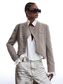 LYSMO Women's Asymmetric Placket Long Sleeve Casual Blazer Jacket, Autumn/Winter - Beige - View 6