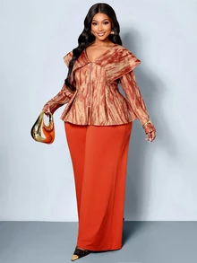 SOLERSUN Plus Size Vintage Print 2 Pieces Set, Plus Size Shawl Collar Cinched Waist A-Line Top And Draped Wide Leg Pants, Retro Textured Print, Mature Elegant Style For Daily Wear, Gatherings And Commuting - Orange - View 3
