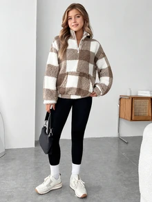SHEIN 青少年女孩抓絨秋季休閒極簡風拉鍊連帽衫，落肩設計，秋冬保暖舒適日常穿搭長袖上衣 - 卡其色 - 查看 4