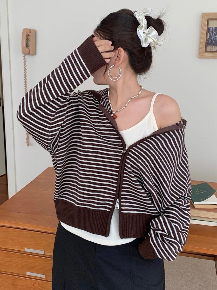 Dazy Plus Plus Size Striped Color Block Zipper Knit Cardigan - Brown - View 1