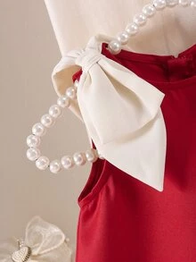 SHEIN 女嬰優雅可愛拼色蝴蝶結無袖洋裝 - 紅色 - 查看 4