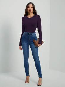 SHEIN Tall Solid Color Long Sleeve Slim Fit Black Bodysuit, Tall Women - Purple - View 6