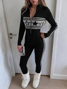 SHEIN ICON Women's Star Pattern Casual Daily Wear Knitted Jumpsuit - Black and White - View 6