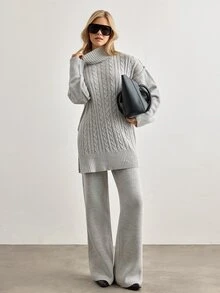 SHEIN طقم ملابس منزلية رمادي فاتح بتصميم كابل محبوك، كارديجان بياقة شال وبنطلون واسع الساق، ناعم ومريح بتصميم بسيط أنيق - رمادي - مشاهدة 7