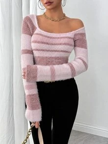 Sprig & Strand Women Striped Minimalist Pullover Sweater, Casual Daily Wear, Long Sleeve Top Knit Pullover Fall Winter - Multicolor - View 5
