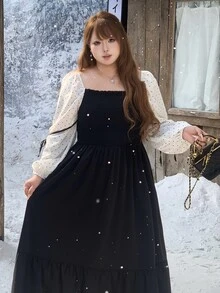 Bijouette Plus Size Polka Dot & Solid Color Patchwork Long Sleeve Dress, Loose A-Line Bowknot Waist + Multi-Layer Tiered Ruffle Hem, Flattering Belly & Hip Coverage, Slimming For Pear & Apple Body Shapes, All-Size Friendly, Non-Constricting, Japanese Gentle Style For Commute, Date, Travel & Sightseeing - Black - View 5