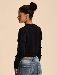 Travachic Women's Solid Color Pom Pom Design Long Sleeve Elegant Single-Breasted Knit Cardigan - Black - View 2