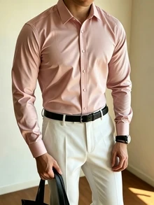 Calvornis 男士純色鈕扣前襟正式襯衫，適合丈夫，長袖，素色，工作穿著，適合秋季，老錢風，儀式場合 - 淺粉色 - 查看 1