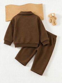 Bubblio 2pcs Baby Boy Cartoon Bear Pattern Knit Polo Winter Top & Elastic Pants Set, Autumn/Winter - Brown - View 5