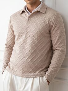 HUEFORM Men's Old Money Apricot Geometric Rhombus Pattern Metallic Fabric Long Sleeve Polo Shirt, Suitable For Daily Commuting And Business Occasions - Apricot - View 4