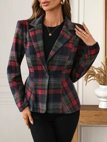 EMERY ROSE Women's Plaid Lapel Neck Long Sleeve Single Button Regular Jacket - Multicolor - View 3