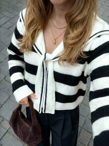 Easura Plus Size Women's Navy Collar Striped Knit Cardigan Winter - Black and White - View 1