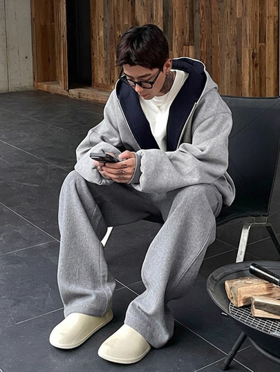 DAZY Autumn/Winter Gray Thermal Lined Contrast Color Patchwork Men's Hoodie Sweatshirt Set