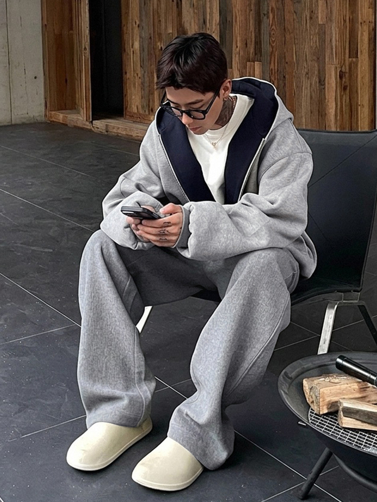 DAZY 秋冬灰色保暖內裡撞色拼接男士連帽衛衣套裝 - 灰色 - 查看 1